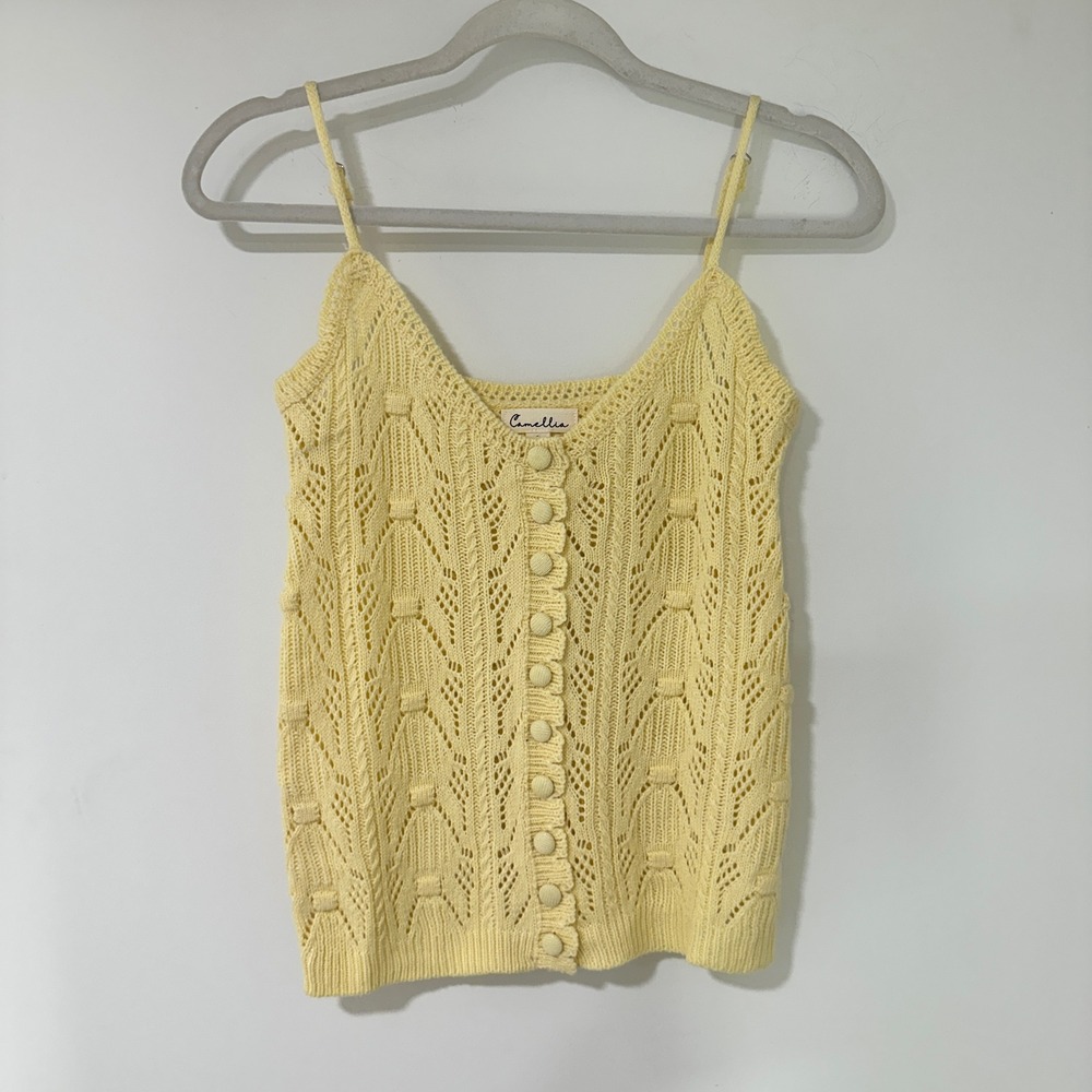 Camellia Pointelle Knit Camisole Womens Small Yellow Button Front | Cottagecore